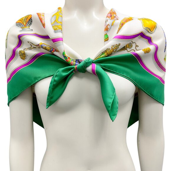 Hermes Green Multi Qu'Importe Le Flacon Print Square Silk Twill Scarf - Picture 1 of 11